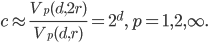  c \approx \frac{V_p(d, 2r)}{V_p(d, r)} = 2^d, \, p = 1, 2, \infty. 